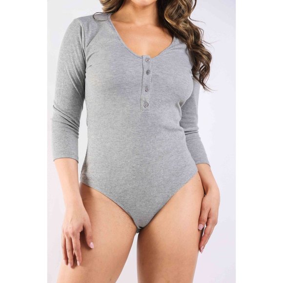 Women's Casual 3/4 Sleeve Front Button Ribbed Henley Deep V-Neck Bodysuit S,M,L - Picture 2 of 9